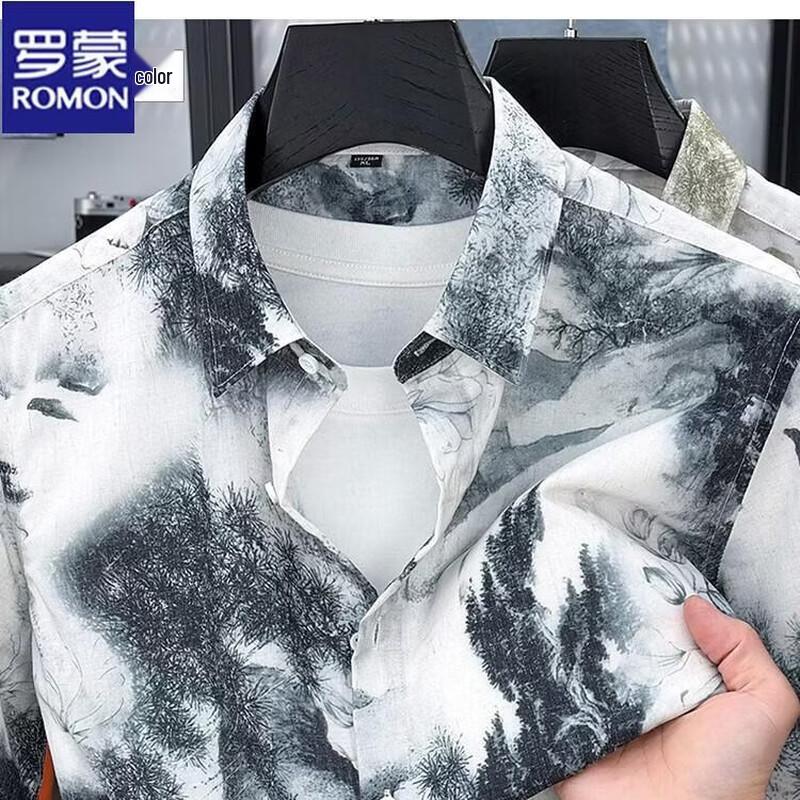 

Romon Men s Summer Linen Blend Ink Wash Painting Short-Sleeve Shirt XL