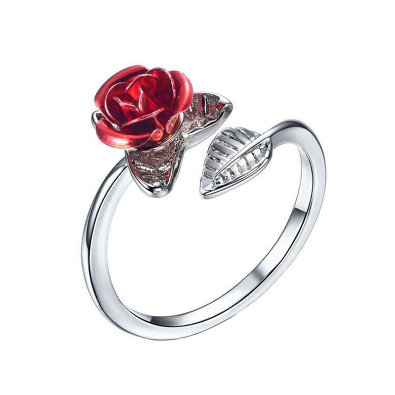 Anillo Abierto Flor Rosa Roja Hoja Flor de Pedrería para Mujer Anillo de Dedo Ajustable Joyería Regalo de San Valentín Compromiso