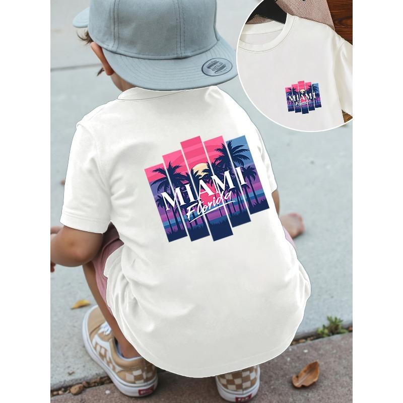 European sizes Summer Boys  Fashion Trendy Front And Back Print Short Sleeve T-Shirt MIAMI Florida Beach Palm Tree Sunset 140 белый