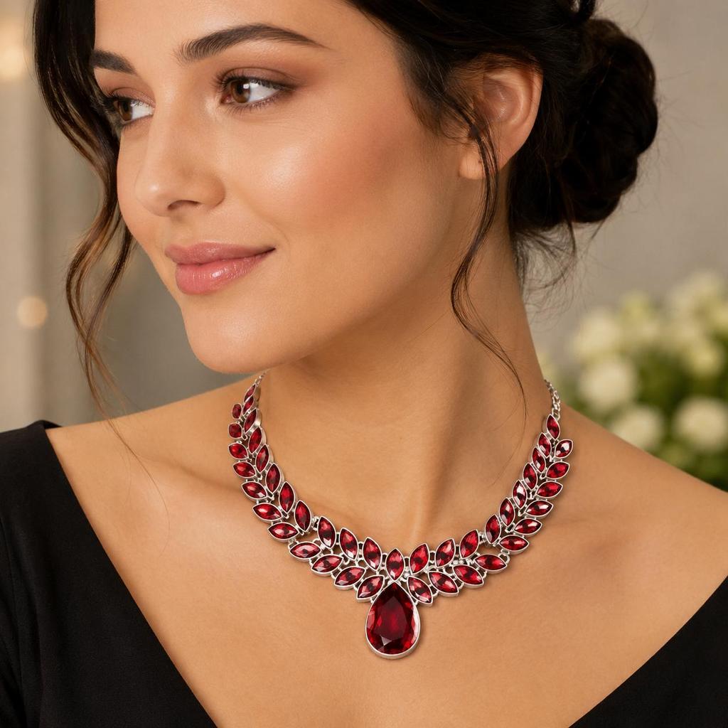 Garnet Gemstone 925 Sterling Silver Overlay Leaf Design Statement Necklace for Women Red Gemstone Pendant Jewelry