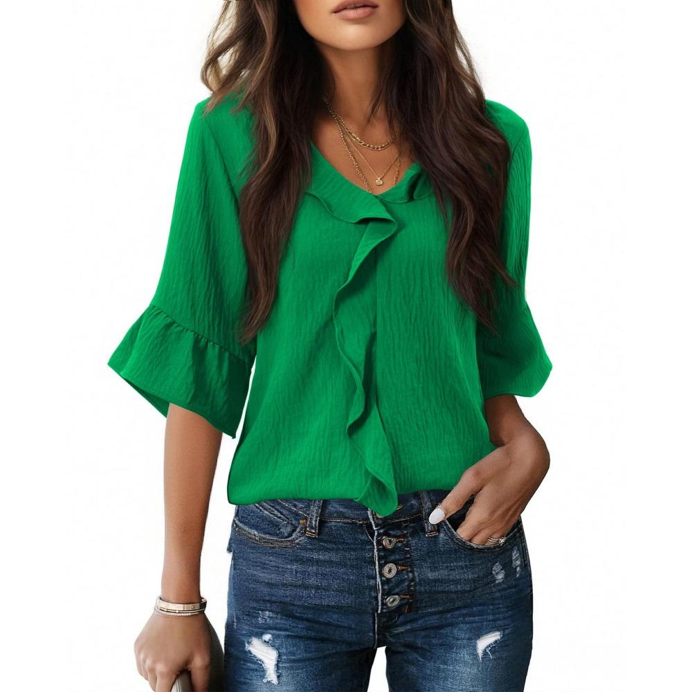 Modisches Lockeres V-Ausschnitt Spitzenbesetztes Fünf-Knopf Kurzarm Rüschen Freizeit Oberteil