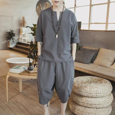 Herren Sommer Baumwoll-Leinen Tang Anzug: Kurzärmeliges Hanfu Zen Zweiteiler