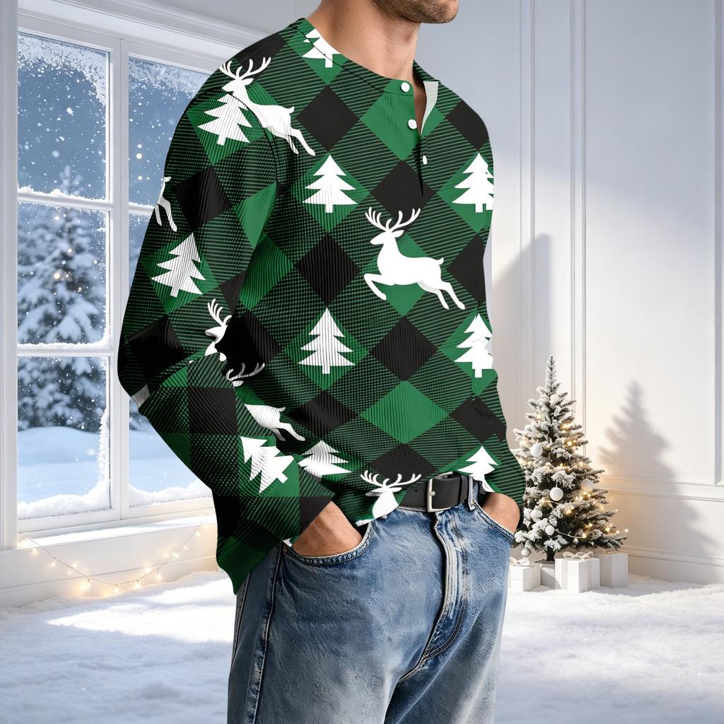 Herren Casual Rundhals Langarm T-Shirt mit Rippstruktur Weihnachtsdruck