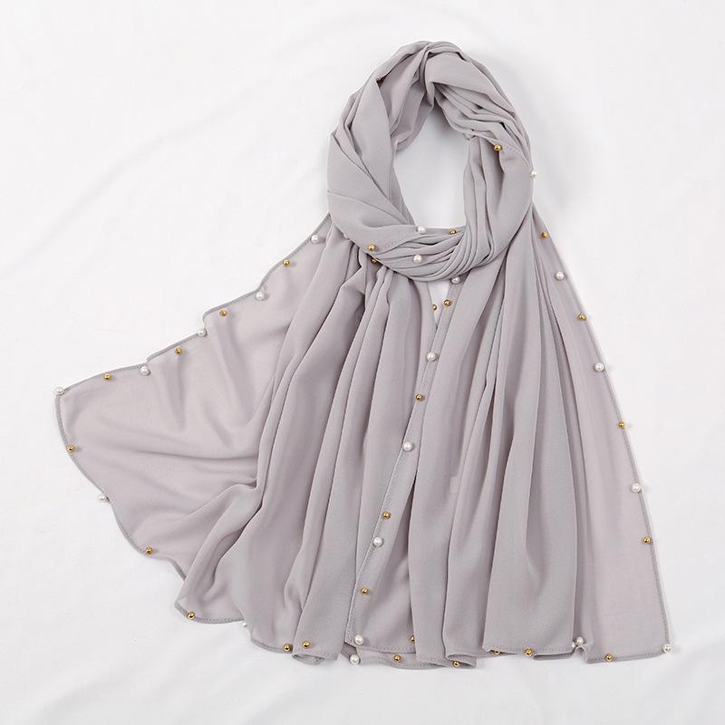 Hot-selling popular chiffon long towel plus small pearl women's gold and silver pearl headscarf