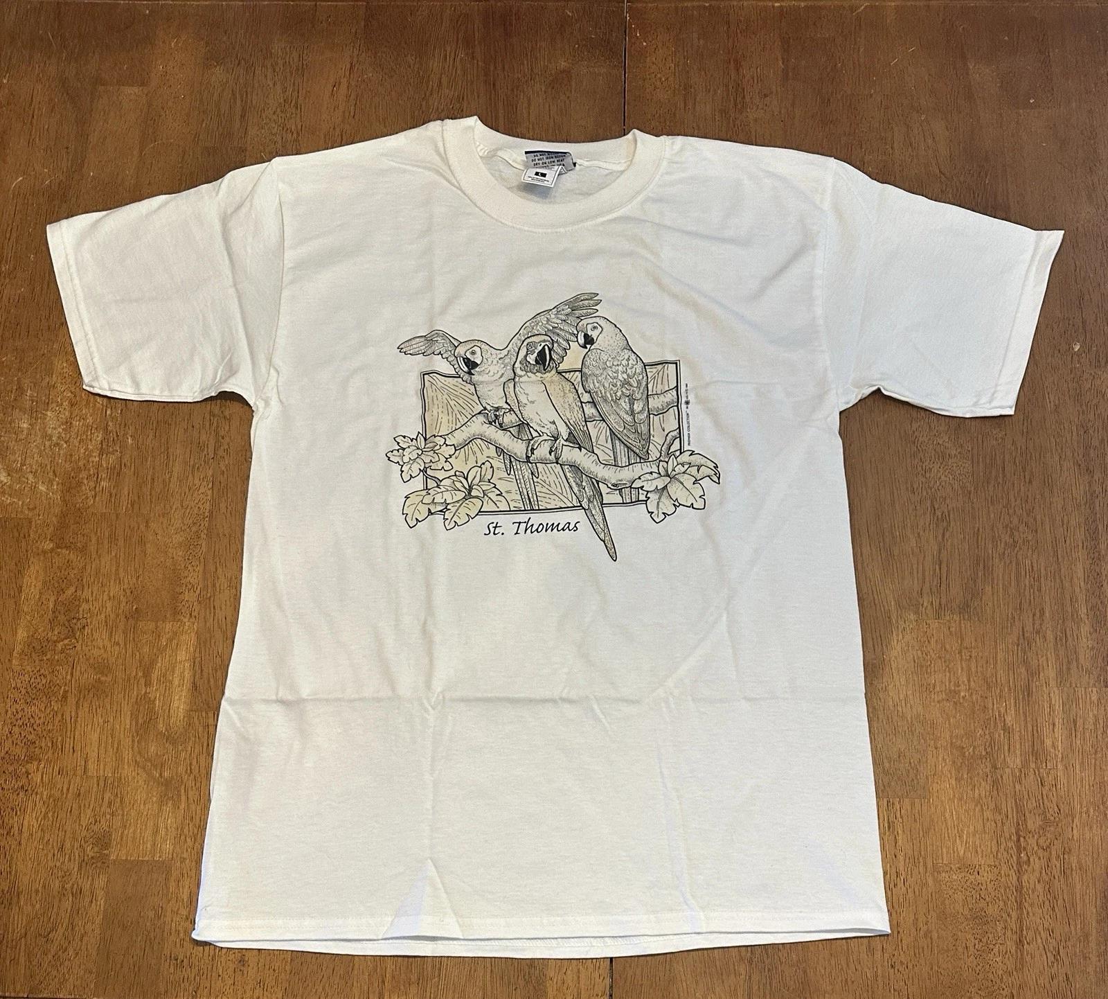 Vintage 90s St. Thomas Parrot T Shirt Large 1999 Nature White 4XL