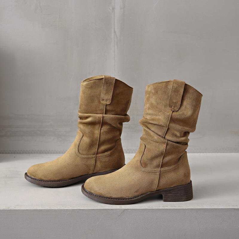 Fashion mid-tube Maillard thick-heeled pleated piled boots women's new autumn mid-heel versatile locomotive knight boots