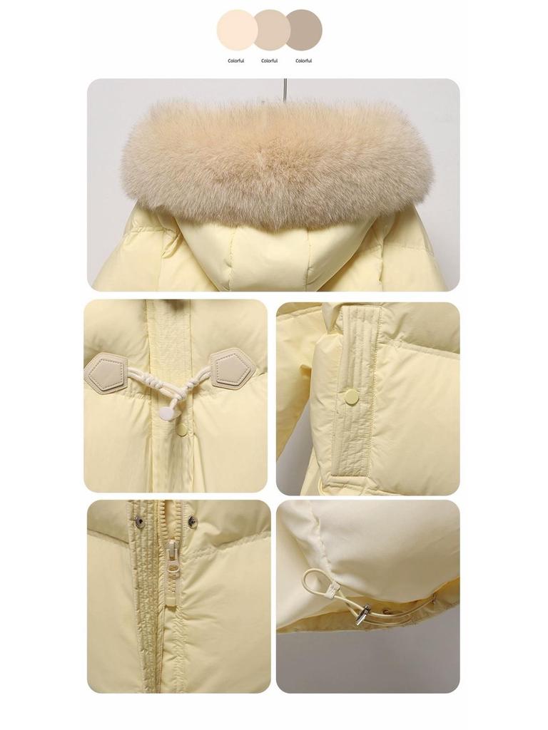 Women's Mid-Length Down Jacket, 2025 Winter, Horn Button Design, Fur Collar, Thickened, Loose Fit Coat.