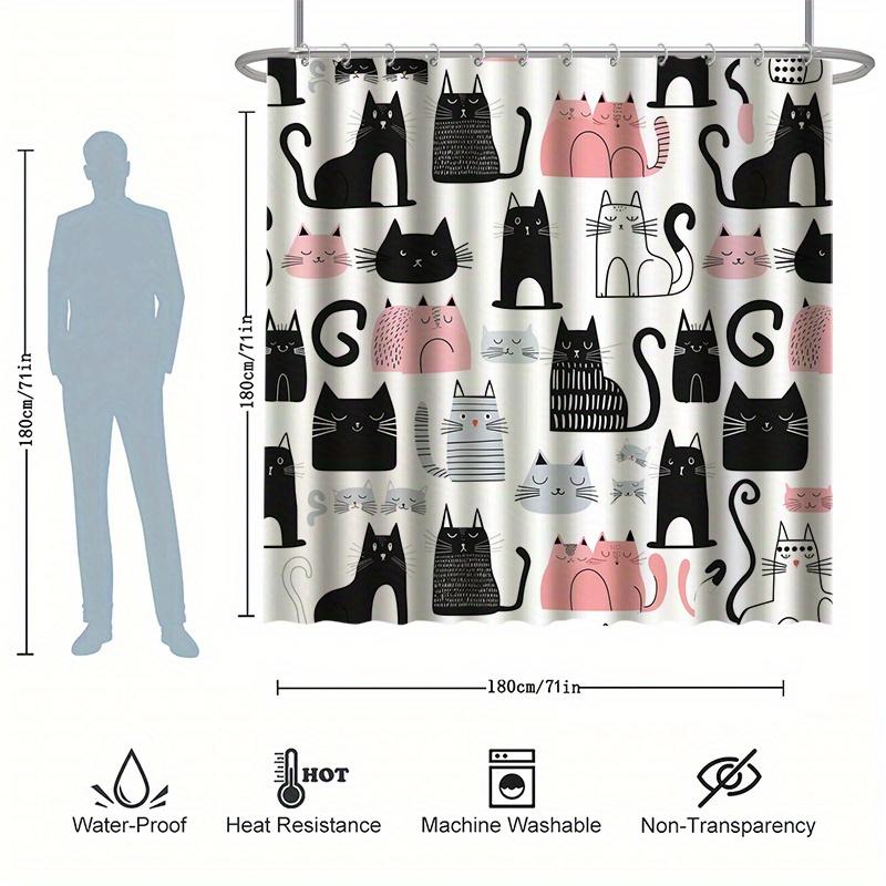 Cartoon Cat Shower Curtain Set - Various Colorful Cat Patterns, Includes 12 Hooks, Polyester Fabric, Modern Bathroom Decor