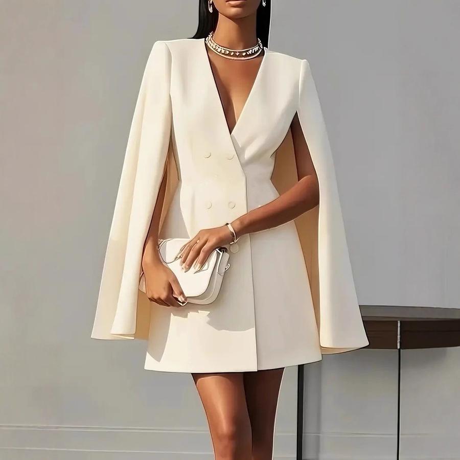 Autumn Commute Double Row Belted Shawl Cape Solid Color Suit Dress Women's Clothing