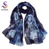[BYSIFA] Women Navy Blue Pure Silk Scarf Hijab Fashion Peony Design Long 100% Silk Shawl Scarf Fall Winter Silk Scarves Echarpes