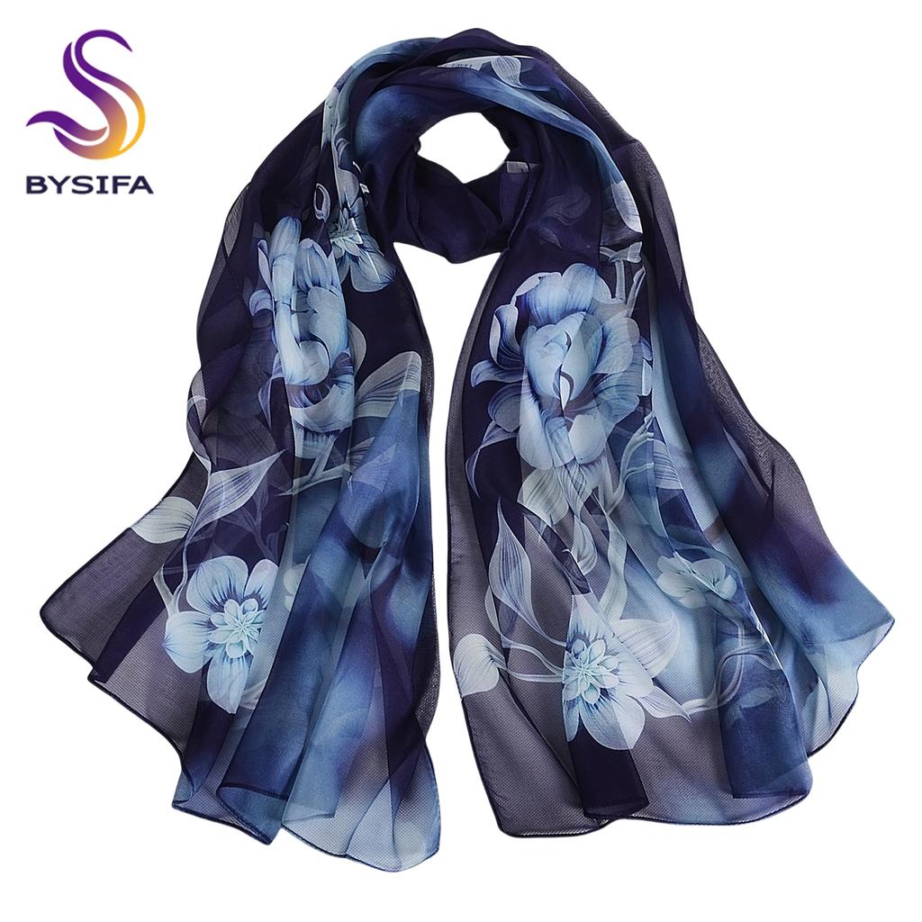 [BYSIFA] Women Navy Blue Pure Silk Scarf Hijab Fashion Peony Design Long 100% Silk Shawl Scarf Fall Winter Silk Scarves Echarpes