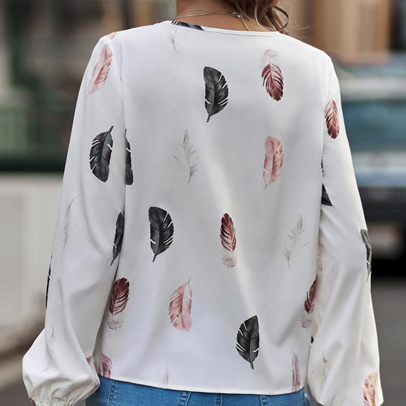 YYFS Women's Fashion Casual Fall Winter Feather Print Long Sleeve V-Neck Blouses & Shirts