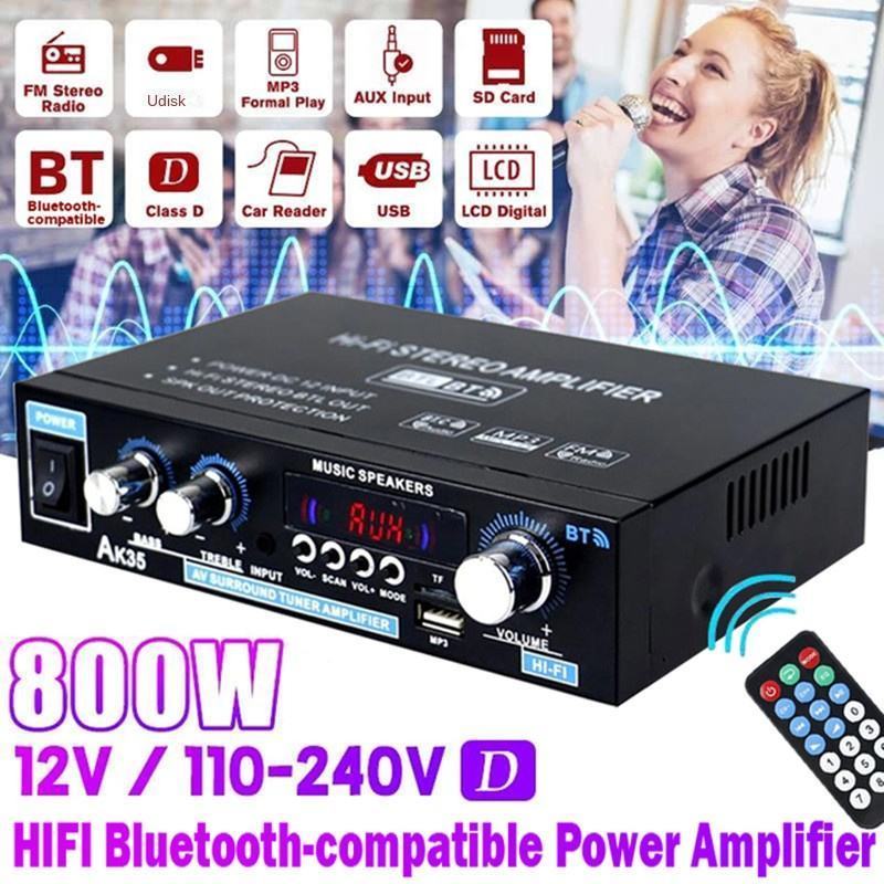 12/220V 1000W 2 Channel Class D with Luminous Knob HIFI Bluetooth Power Amplifier Car/Home Theater Digital Power Audio Amplifier Karaoke Digital MP3 800W