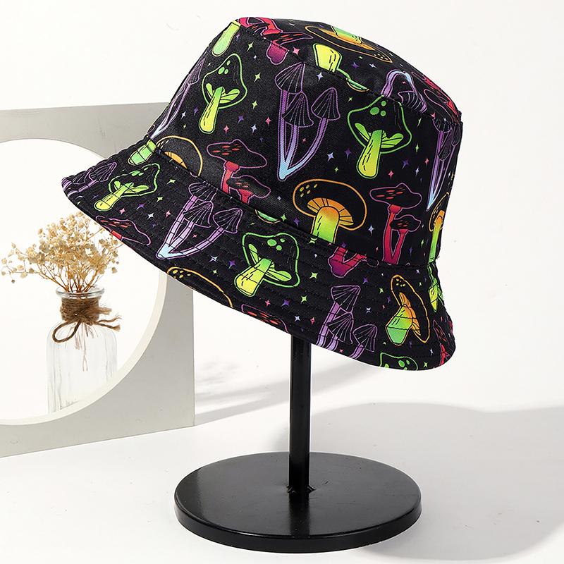 Chapeau De Seau Réversible Imprimé Champignons Trippants - Style Fun Et Protection Solaire