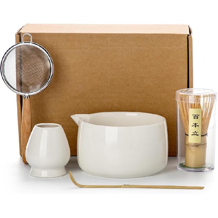 20OZ Matcha Whisk Set - 5PCS Japanese Tea Set Includes Matcha Bowl with Spout, Bamboo Whisk with Ceramic Holder, Bamboo Scoop and Sifter, Matcha Kit