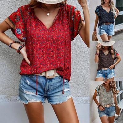 Summer Floral Print Blouses for Women V-Neck Short Sleeve Boho Beach Casual Tops Female Elegant Shirt Women's