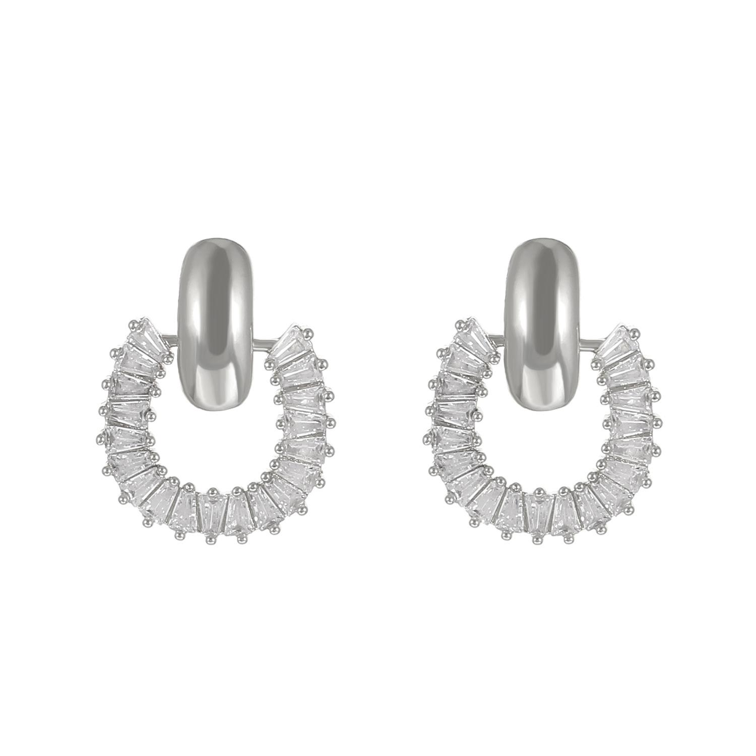 Personality Luxury Glittering Full Zircons Geometric Circle Stud Earrings Women Korean Temperament Stainless Steel Jewelry Gifts