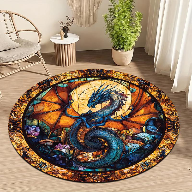Stained Glass Dragon & Floral Round Rug – Machine Washable Polyester Mat for Living Room, Hallway & Studio Decor