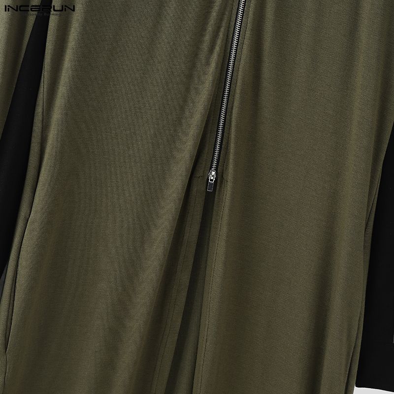 INCERUN Men Stitching Stand Neck Long Sleeve Zip-up High Splits Long Cardigan Coats