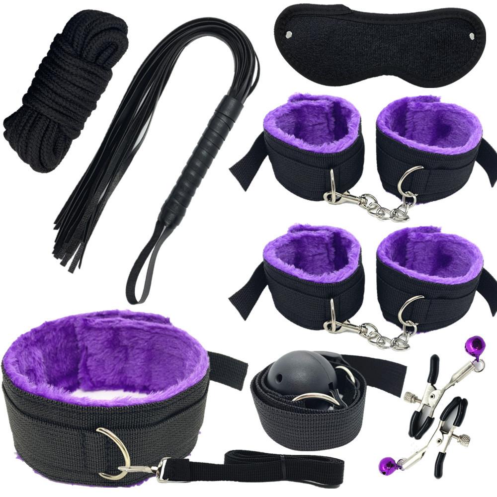 Sexy Nylon BDSM Kit Plush Sex Bondage Set Handcuffs Sex Game Whip Gag Nipple Clip Sex Toy