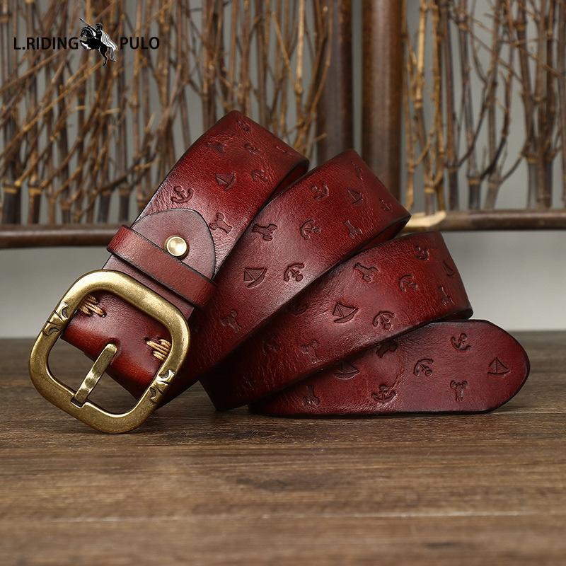 Korean Style Personalized Machine Embossed Vegetable Tanned Belt Men's Genuine Leather Pure Cowhide Pin Buckle Belt