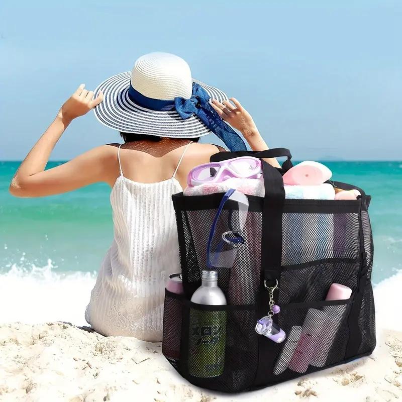 Large Capacity Mesh Beach Tote Bag for Swimming, Shower, Fitness & Travel, Foldable Grocery Zipper Bag, Summer Beach Essential