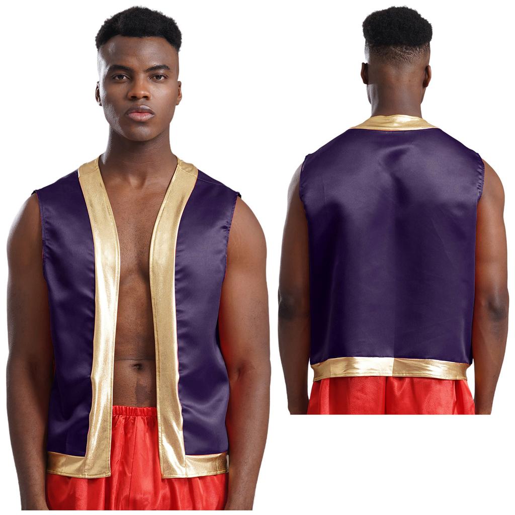 Mens Halloween Toad Vest Costumes Open Front Metallic Shiny Trim Contrast Waistcoat Cartoon Captain Cosplay for Party