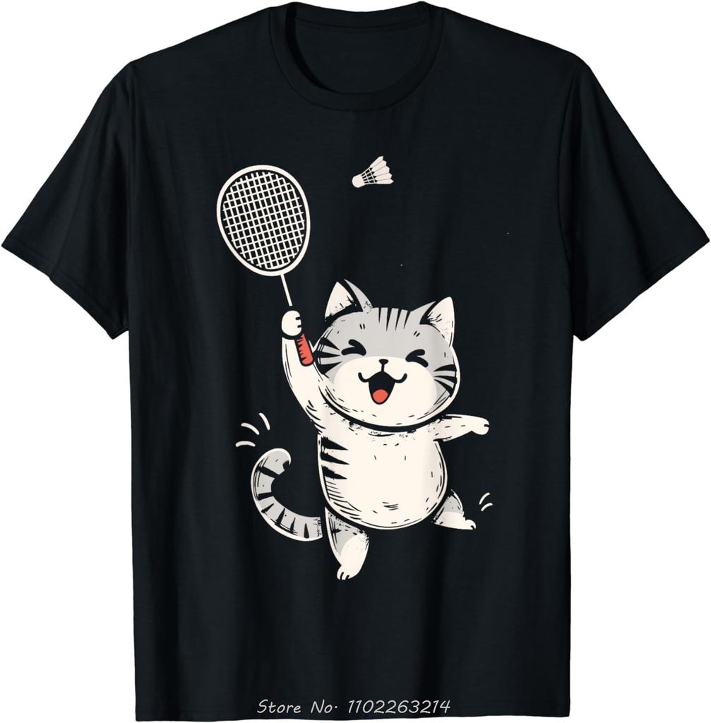 Funny Badminton Cat Cute Kitty Badminton Player Oversized T-shirt Kawaii Fitness T Shirt Men's Clothing Camisas Cotton Tshirt