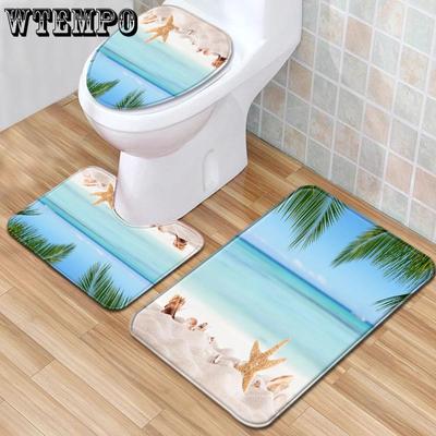 Tapetes de Banheiro Conjunto de Três Peças para Banheiro e Vaso Sanitário Tapetes Antiderrapantes para Banheiro Tapetes Estilo Paisagem de Praia