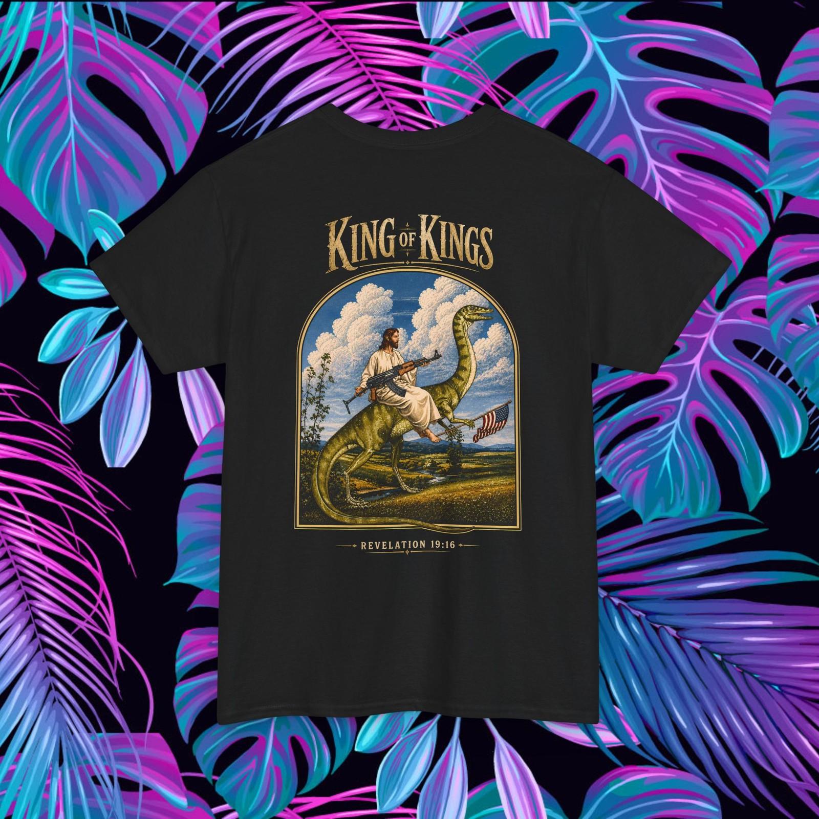 Jesus Riding Dinosaur Back Print Shirt Funny King of Kings Vintage Graphic Tee S