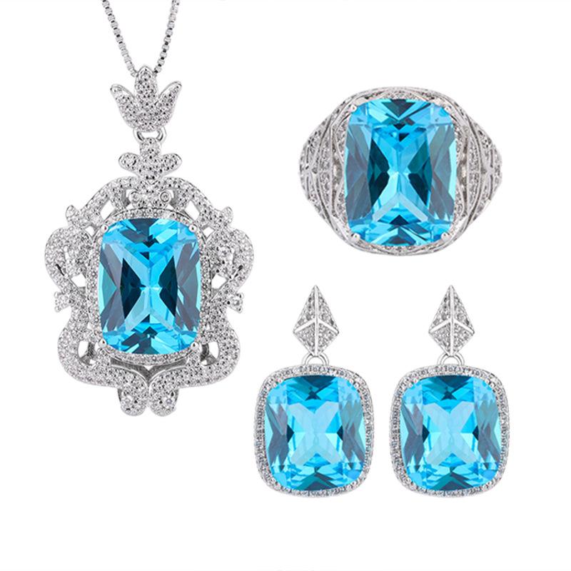 Jewelry Retro Style Simulation Topa Blue Full Diamond Luxury Set Creative Set Necklace 12 * 16 Stud Earrings 12 * 14