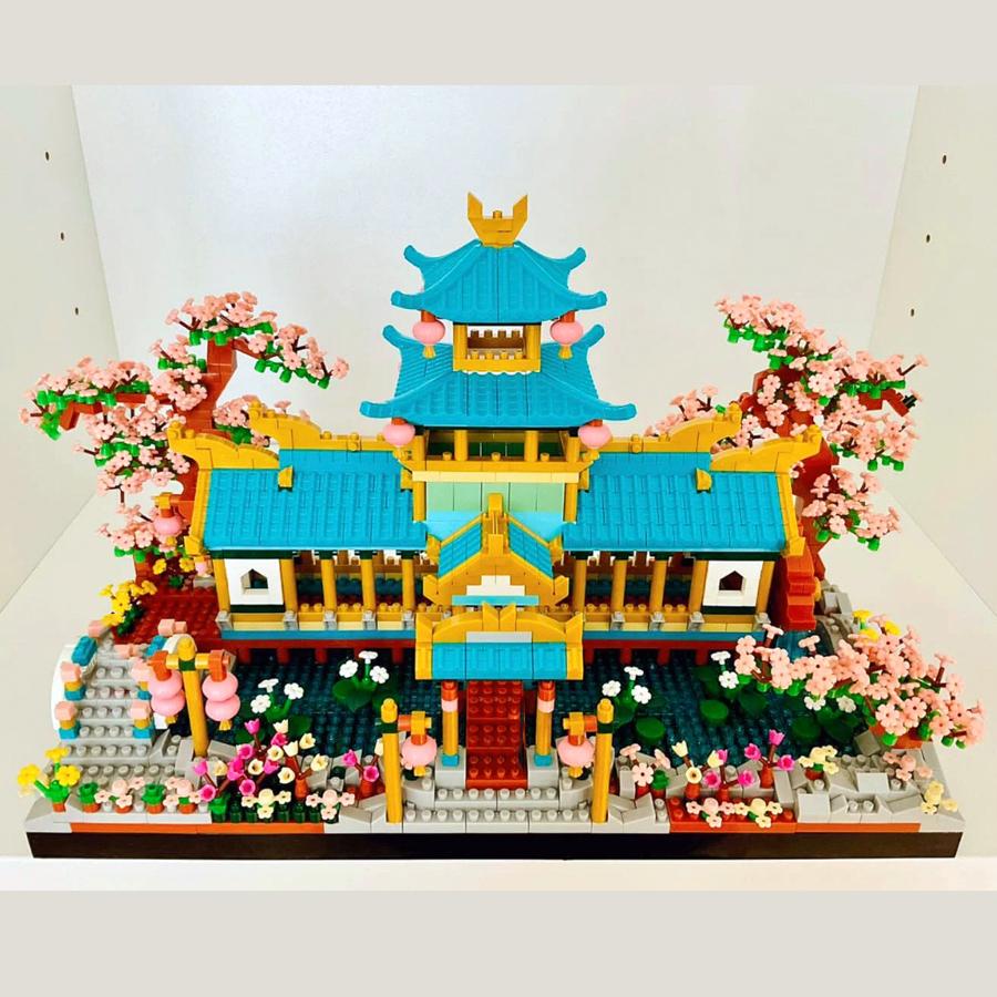 Kirschblütenhaus Bausteine Kirschblüten Straßenansicht Mini-Bausteine Mikro-Bausteine Kinderspielzeug 3D-Modelle Kreative Ornamente