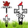 Metal Garden Stake Cross with Heart Design and Bird Decoration Outdoor Yard Memorial Marker Steel Ground Insert