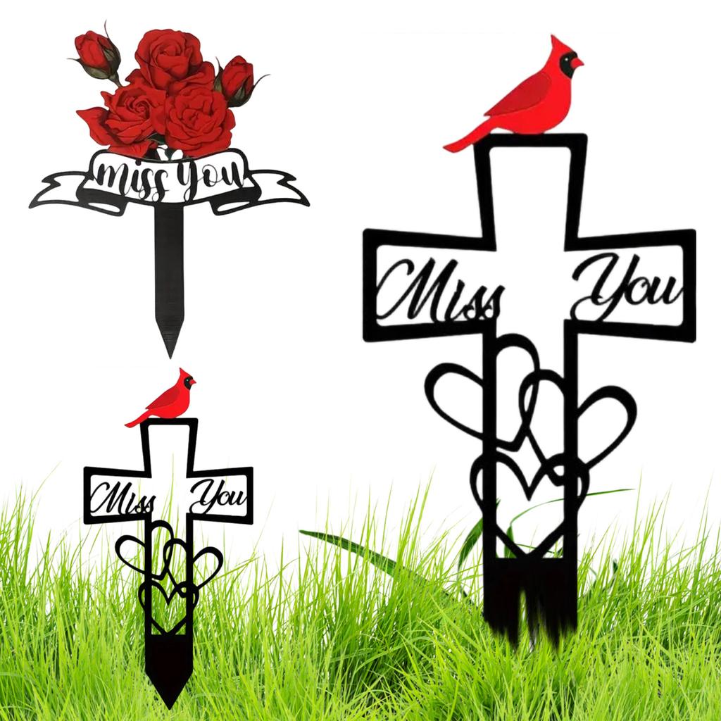 Metal Garden Stake Cross with Heart Design and Bird Decoration Outdoor Yard Memorial Marker Steel Ground Insert