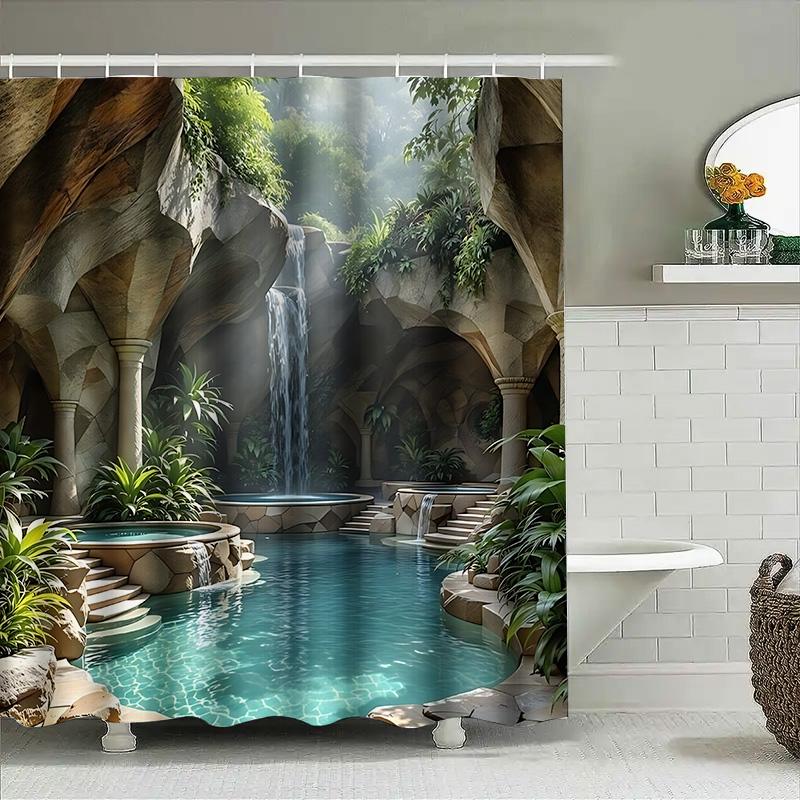 Squisita Tenda da Doccia Oasis Tropicale con Cascata e Vegetazione Rigogliosa per Arredo Bagno Trasforma lo Spazio Facile da Pulire