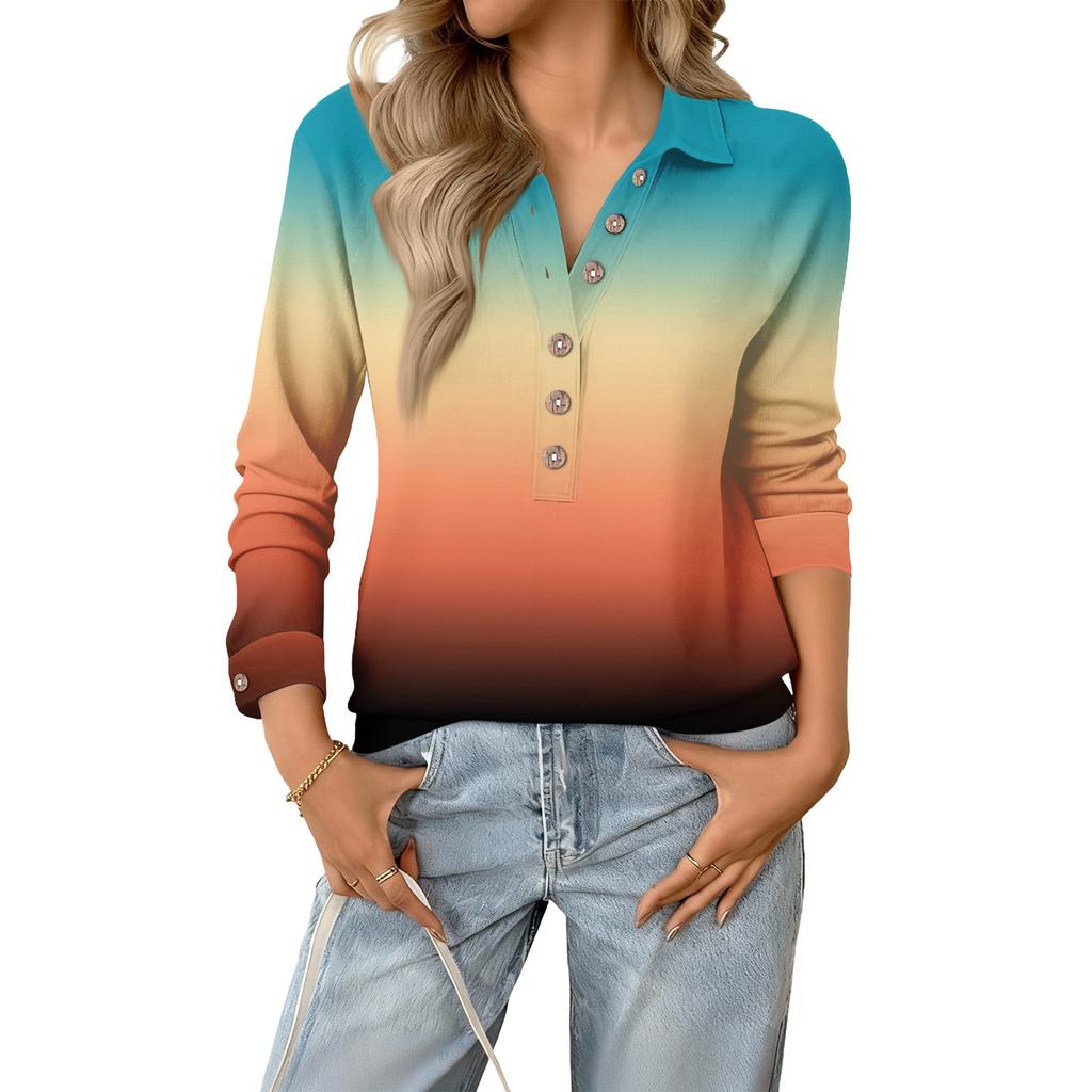 Women's Retro Street Lazy V,neck Long Sleeve Button Gradient Pullover Top