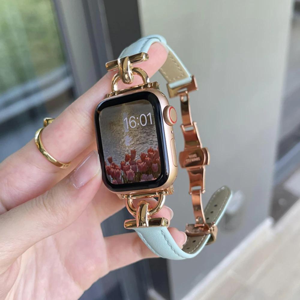 Women Leather Bracelet for Apple Watch Ultra 2 49mm 10 42mm 46 Butterfly Buckle Band for iWatch 9 8 7 6 SE 5 41mm 45mm 38 40 44
