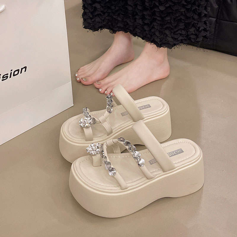 Fashion cover with skirt, toe rhinestone high-heeled sandals for women's summer wear 2025 new muffin thick-soled heightening cool slippers