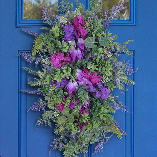 Purple Tulip Wreath with Hydrangea & Hyacinth Artificial Flower Lavender Garland Realistic Spring-Summer Floral Decor for Door Wall Home & Party