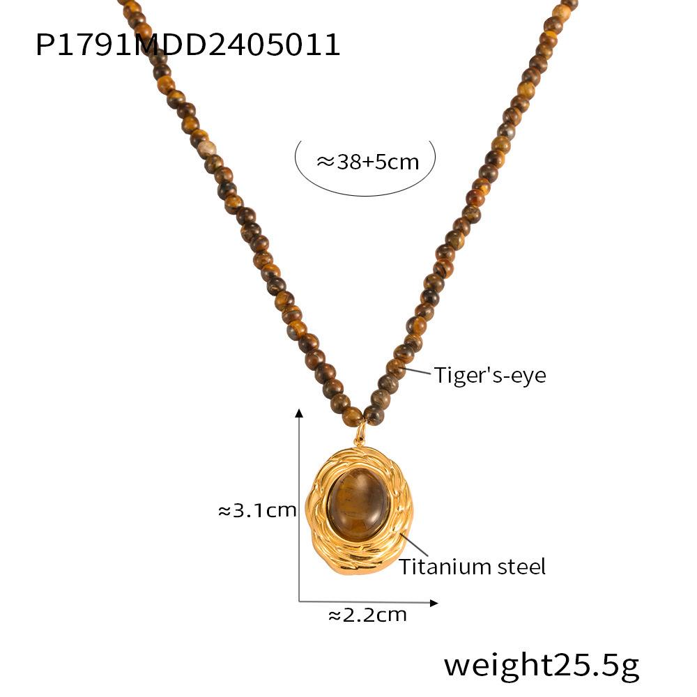 Maillard Oval Tijgeroog Hanger Temperament Titanium Staal Ketting Vintage Kralenketting Set Vrouwelijk