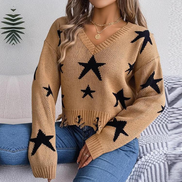Knit Pullover Sweater Women Long Sleeve V Neck Casual Autumn Winter Star Cut