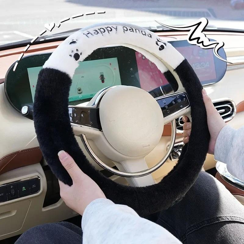 Universal Winter Plush Car Steering Wheel Cover Cute Cartoon Panda Design Ladies Heating Handle Cover for Various Models