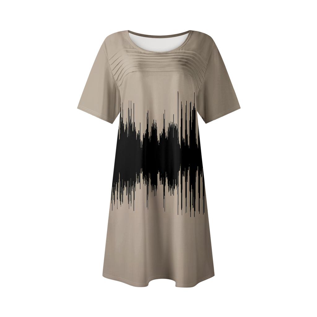 Damen Sommer Casual Rundhals Plissee Mit Taschen Bedruckte Kurzarmkleider