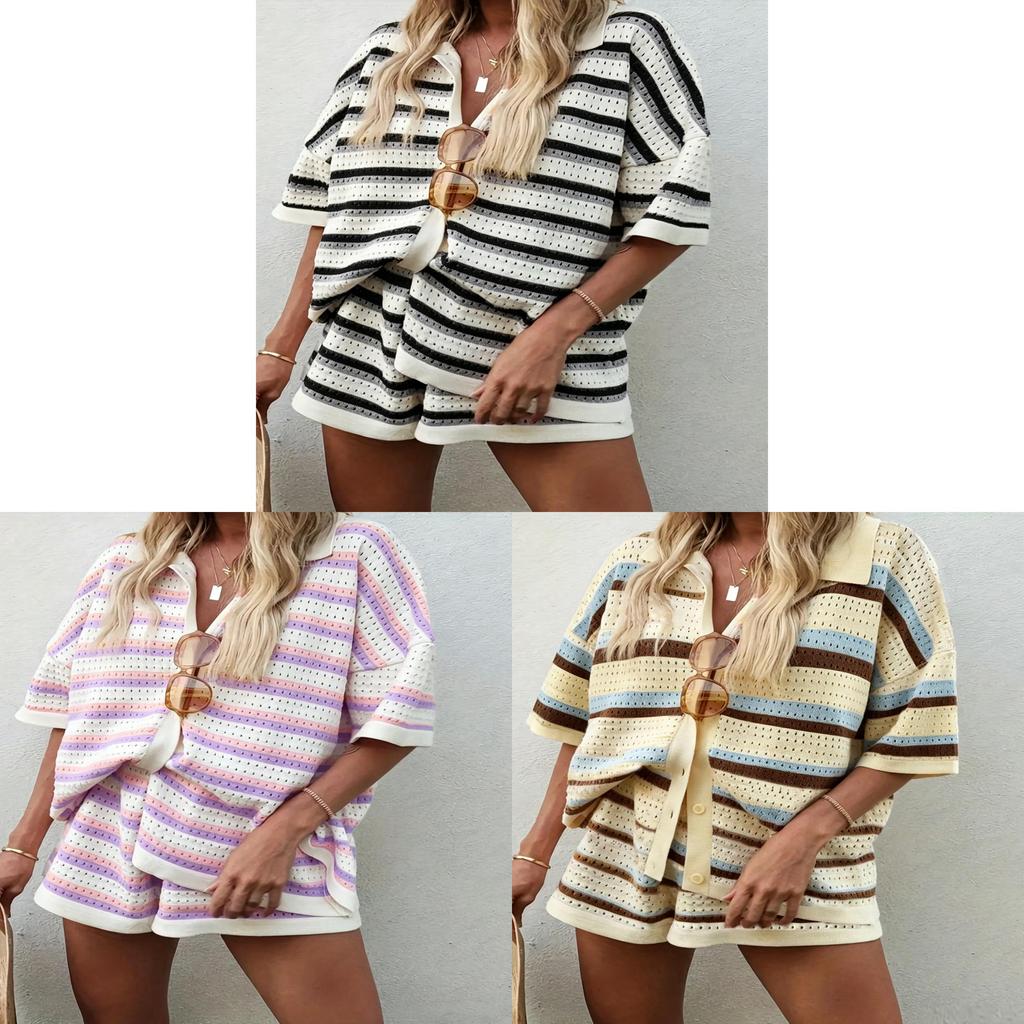 Completo in Maglia a Righe da Donna Streetwear con Motivo a Intreccio per Uso Casual Estivo