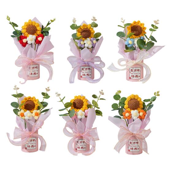 Teachers' Day Crochet Sunflower Bouquet with Eucalyptus Leaf Handmade Knitting Yarn Floral Decoration Home