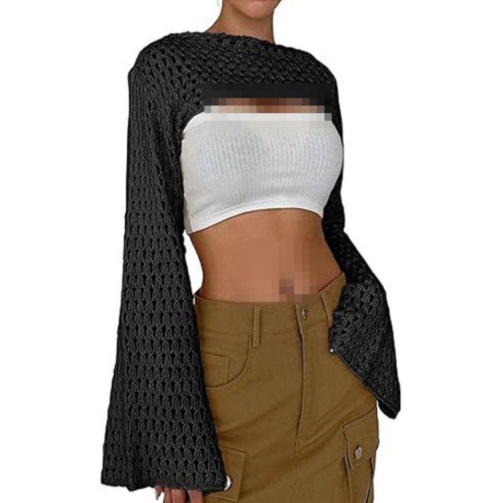 Soft Sleeve Shrug Sweater Acrylic Fibers Knit Hollow Out Crop Top Women Crochet Crop Top  Beach