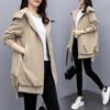 Ribbed Spring and Autumn Khaki Loose Casual Hooded Windbreaker Women's Mid-length Black Temperament Jacket