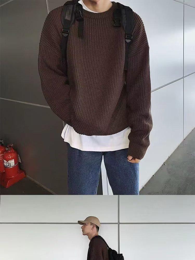 Men's Retro Korean Style Loose Knit Sweater - Solid Color, Round Neck, Autumn/Winter Trend.