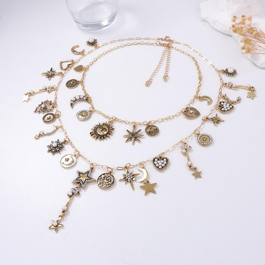 Personality trend retro light luxury style ancient gold alloy sun moon stars stacked chain necklace woman