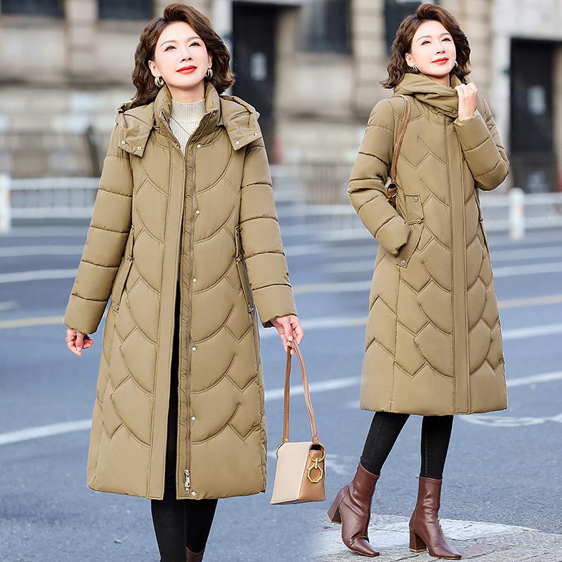 Medium and long over-knee down cotton-padded jacket for women's winter new mother foreign-style hooded thickened warm cotton-padded jacket